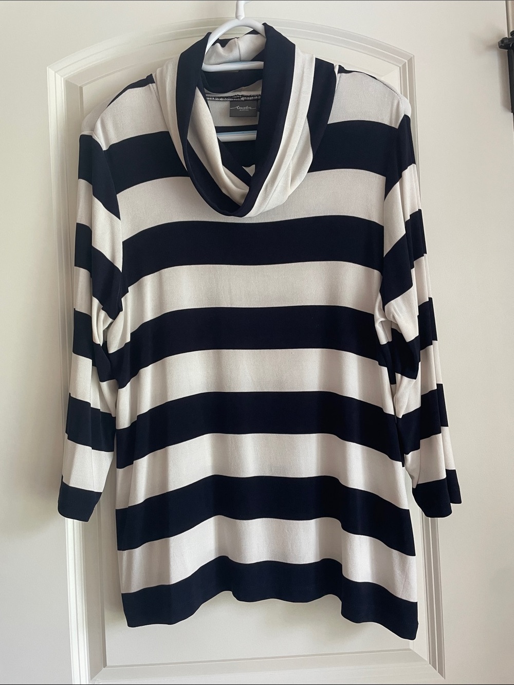 Striped Navy and White Cowl Neck Women's Knit Sweater